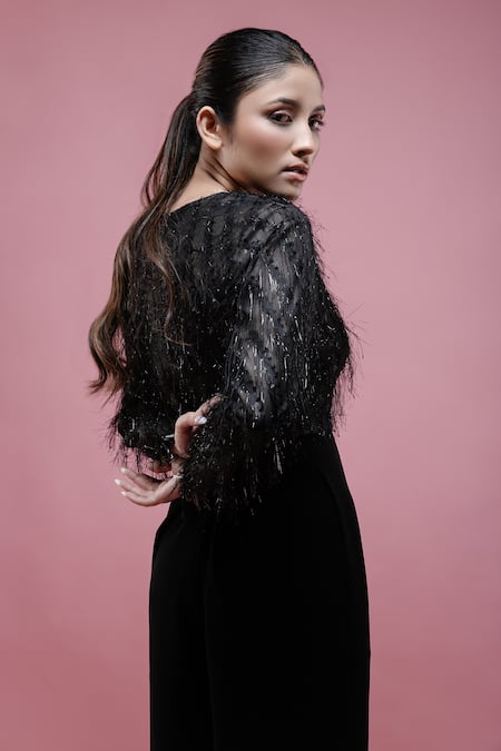 Shop Pocket Stories Black Microfiber, Georgette Round Neck Tassel Detailed Jumpsuit at Aza Fashions Shop_Pocket Stories_Black Microfiber, Georgette Round Neck Tassel Detailed Jumpsuit _at_Aza_Fashions