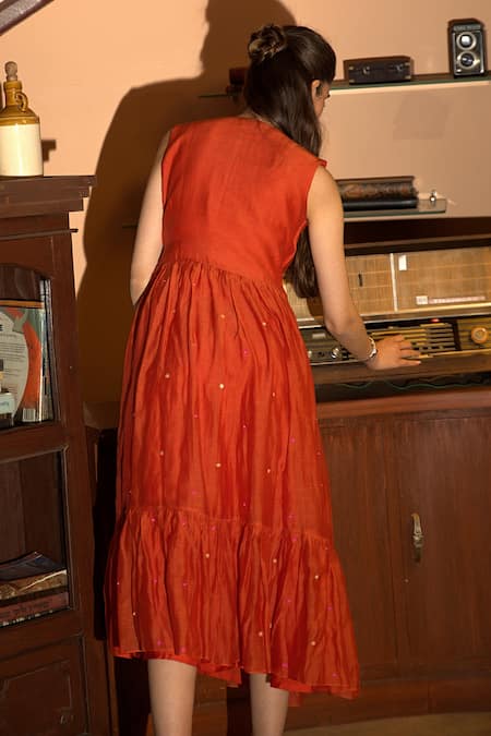 Shop_Deep Thee_Orange Chanderi Embroidery Split V-neck Tiered Dress _at_Aza_Fashions