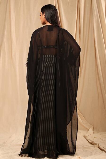 Shop_Masaba_Black Silk, Organza, Crepe Embroidery Sweetheart Striped Draped Skirt Set And Cape_at_Aza_Fashions