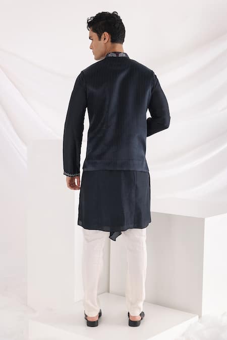 Shop Smriti By Anju Agarwal Blue Linen, Satin Patchwork, Embroidery Leaf Patch Work Bundi at Aza Fashions Shop_Smriti By Anju Agarwal_Blue Linen, Satin Patchwork, Embroidery Leaf Patch Work Bundi _at_Aza_Fashions