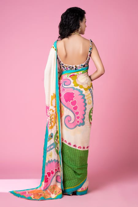 Buy_Siddhartha Bansal_Multi Color Pure Crepe Embroidered Crystal Printed Saree With Blouse  _Online_at_Aza_Fashions