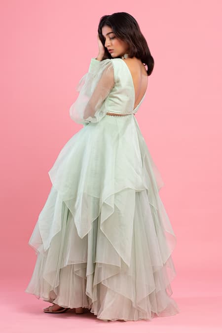 Shop PIRI INDIA Green Organza Embroidery, Beads, Pearls, Sequins V-neck Hand Top And Lehenga Set at Aza Fashions Shop_PIRI INDIA_Green Organza Embroidery, Beads, Pearls, Sequins V-neck Hand Top And Lehenga Set _at_Aza_Fashions