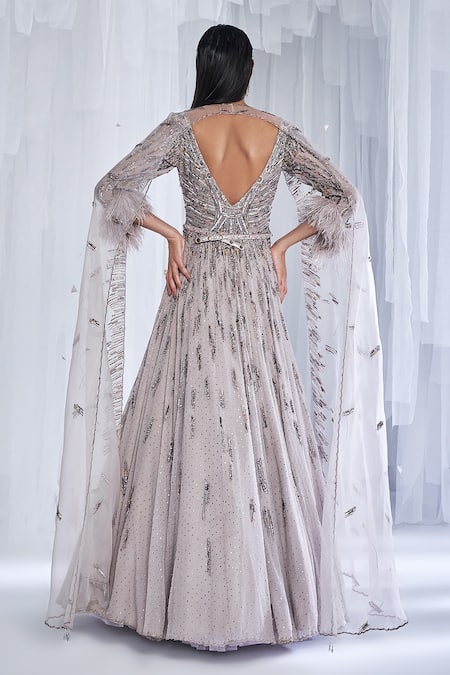 Shop Dolly J Silver Organza, Net Sequins, Cut Work, Cimmerion Embellished Anarkali With Cape at Aza Fashions Shop_Dolly J_Silver Organza, Net Sequins, Cut Work, Cimmerion Embellished Anarkali With Cape _at_Aza_Fashions