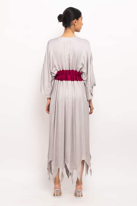 Shop_Neora By Nehal Chopra_Grey Ruched Asymmetrical Cape _at_Aza_Fashions