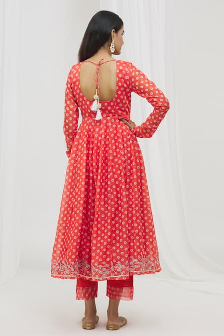 Shop Yuvraani Jaipur Orange Chanderi, Cotton, Organza Embroidery, Tassels Bandhej Print Anarkali Set at Aza Fashions Shop_Yuvraani Jaipur_Orange Chanderi, Cotton, Organza Embroidery, Tassels Bandhej Print Anarkali Set _at_Aza_Fashions