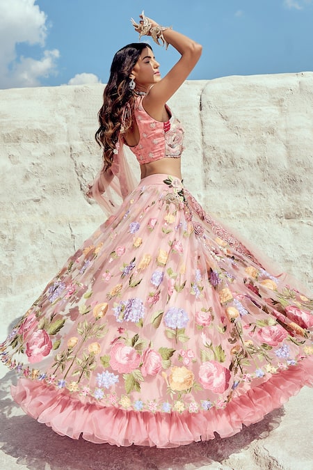 Nikita Vishakha Pink Jacquard, Net Pearls, Embroidery, Fabric Flowers Hand Bridal Lehenga Set Online at Aza Fashions Nikita Vishakha_Pink Jacquard, Net Pearls, Embroidery, Fabric Flowers Hand Bridal Lehenga Set _Online_at_Aza_Fashions
