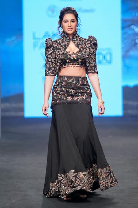Shop_Sejal Kamdar_Black Gajji Silk Embellished And Printed Patch Jacket High Fish-cut Lehenga Set _at_Aza_Fashions