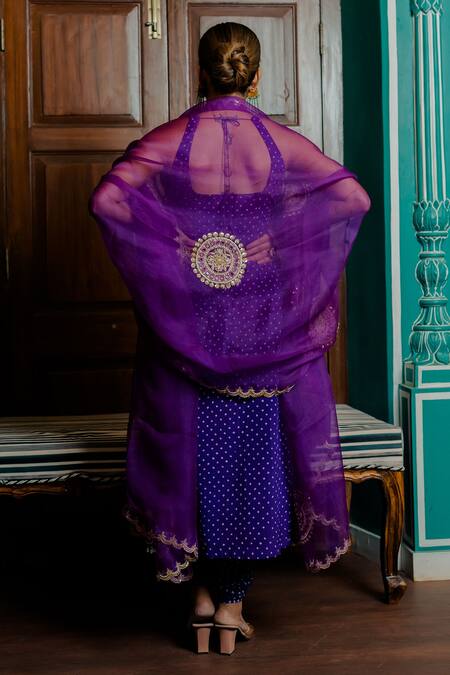 Shop Anjana Bohra Purple Dupatta Organza, Kurta Bandhani Handcrafted Embroidered Border Set at Aza Fashions Shop_Anjana Bohra_Purple Dupatta Organza, Kurta Bandhani Handcrafted Embroidered Border Set_at_Aza_Fashions