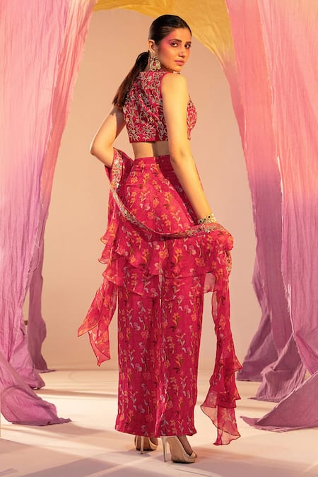 Shop Silky Bindra Pink Georgette Sequins, Crystals, Embroidery V-neck Flower Blouse And Pant at Aza Fashions Shop_Silky Bindra_Pink Georgette Sequins, Crystals, Embroidery V-neck Flower Blouse And Pant _at_Aza_Fashions