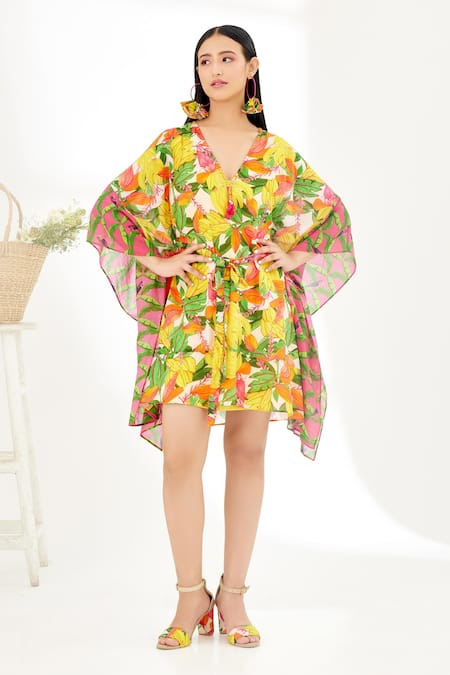 Shop Nikasha Yellow 100% Cotton Banana Fruit Tree Print And Stitch Details V Neck Kaftan at Aza Fashions Shop_Nikasha_Yellow 100% Cotton Banana Fruit Tree Print And Stitch Details V Neck Kaftan _at_Aza_Fashions