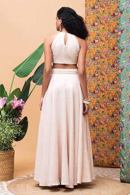 Rishi and Vibhuti Pink Linen Embroidery, Fringe Halter Neck Sea Salt Crop Top With Skirt Online at Aza Fashions Rishi and Vibhuti_Pink Linen Embroidery, Fringe Halter Neck Sea Salt Crop Top With Skirt _Online_at_Aza_Fashions