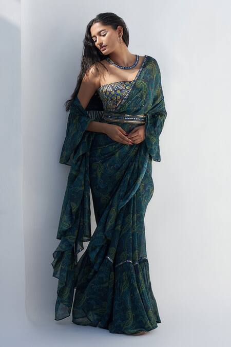 Shop Nadima Saqib Green Georgette Mirrors Paisley Print Ruffle Saree Online at Aza Fashions Shop_Nadima Saqib_Green Georgette Mirrors Paisley Print Ruffle Saree _Online_at_Aza_Fashions