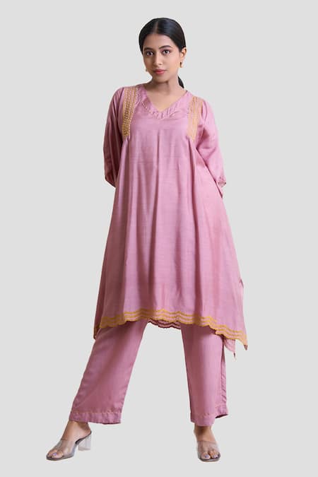 Shop Brij Pink Spandex Applique, Pearls V-neck Kantha Embroidered Kaftan And Pant Set at Aza Fashions Shop_Brij_Pink Spandex Applique, Pearls V-neck Kantha Embroidered Kaftan And Pant Set _at_Aza_Fashions