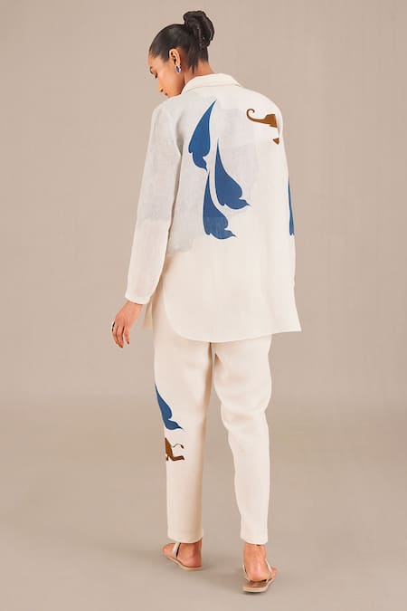 Shop Ampm Ivory Linen Embroidery Shawl Neck Bird Motif Shirt And Pant Set at Aza Fashions Shop_Ampm_Ivory Linen Embroidery Shawl Neck Bird Motif Shirt And Pant Set _at_Aza_Fashions