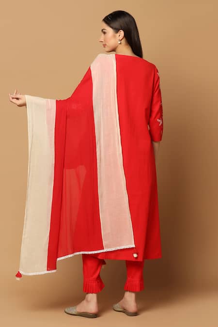 Shop Ikha Couture Red Linen, Cotton, Maheshwari Embroidery, Tassels V-neck Rose A-line Kurta Set at Aza Fashions Shop_Ikha Couture_Red Linen, Cotton, Maheshwari Embroidery, Tassels V-neck Rose A-line Kurta Set_at_Aza_Fashions