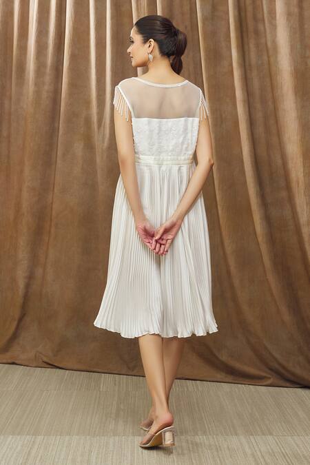 Shop Bump Loving White Polyester, Net Embroidery Boat Neck Eloise Bodice Maternity Dress at Aza Fashions Shop_Bump Loving_White Polyester, Net Embroidery Boat Neck Eloise Bodice Maternity Dress_at_Aza_Fashions