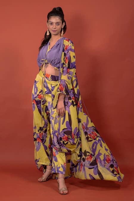 Shop_Rimi Nayak_Purple Modal V-neck Drawstring Detailed Crop Top _at_Aza_Fashions