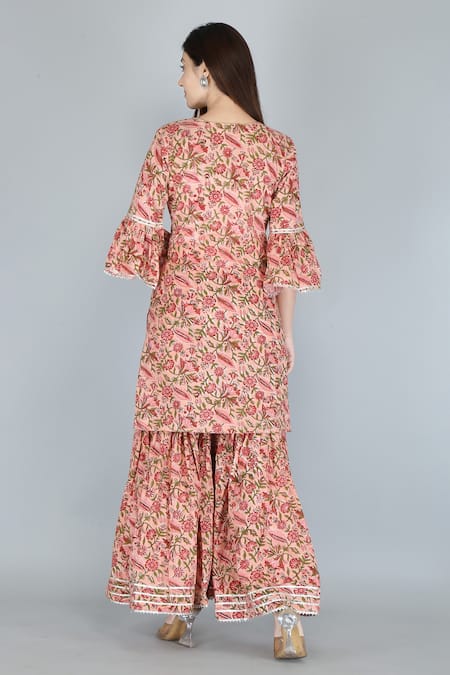 Shop_Kalakaari By Sagarika_Peach Cotton Embroidery Floral Print Kurta Sharara Set For Kids_at_Aza_Fashions