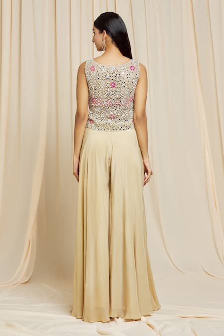 Shop Izzumi Mehta Beige Crepe Mirror Round Embroidered Top And Palazzo Set at Aza Fashions Shop_Izzumi Mehta_Beige Crepe Mirror Round Embroidered Top And Palazzo Set _at_Aza_Fashions