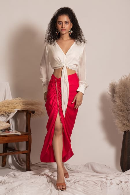 Shop_Vanshika Agarwal Label_Pink Satin, Georgette V-neck Front Knotted Crop Top And Ruched Skirt Set _at_Aza_Fashions