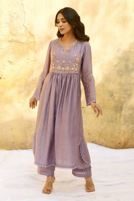 Shop_Label Niti Bothra_Purple Handloom Cotton, Silk Pearls, Beads, Floral Kurta And Palazzo Set _at_Aza_Fashions