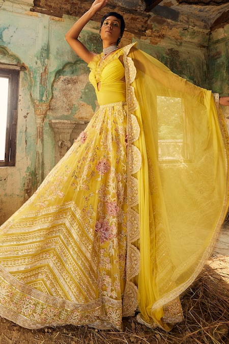 Shop Ridhi Mehra Yellow Bodysuit Georgette Embroidery Raha Flower Vine Lehenga And Set at Aza Fashions Shop_Ridhi Mehra_Yellow Bodysuit Georgette Embroidery Raha Flower Vine Lehenga And Set _at_Aza_Fashions