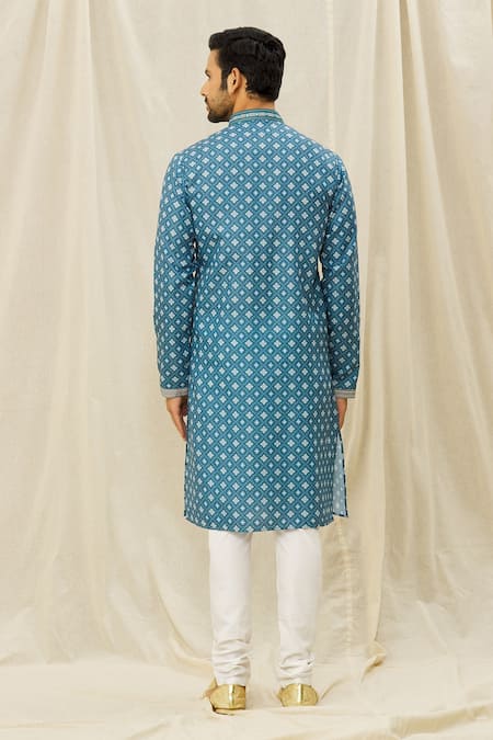 Shop_Arihant Rai Sinha_Blue Handloom Cotton Mirrors, Embroidery Straight Kurta _at_Aza_Fashions