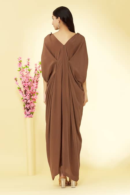 Shop Megha Garg Brown Pure Crepe V Neck Draped Jumpsuit at Aza Fashions Shop_Megha Garg_Brown Pure Crepe V Neck Draped Jumpsuit _at_Aza_Fashions