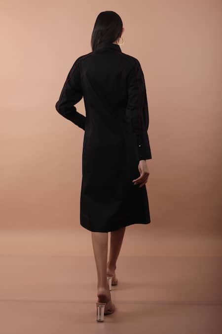 Shop Veera Wear Black Cotton Collared Solid Stroke Dress at Aza Fashions Shop_Veera Wear_Black Cotton Collared Solid Stroke Dress _at_Aza_Fashions