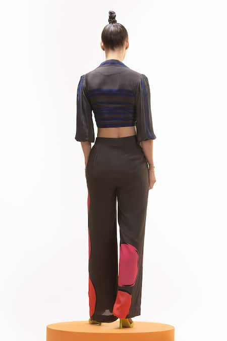 Shop_Nautanky_Grey Crepe Embroidery Collared Tie-up Crop Shirt And Pant Set _at_Aza_Fashions