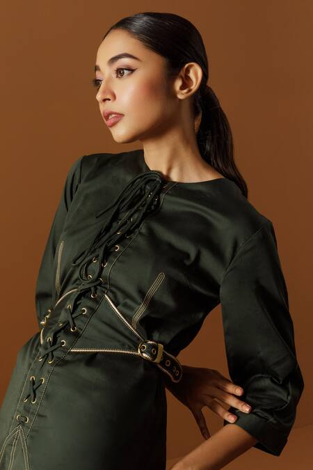 Shop Veera Wear Green Cotton Round Neck Criss Cross Dress at Aza Fashions Shop_Veera Wear_Green Cotton Round Neck Criss Cross Dress _at_Aza_Fashions