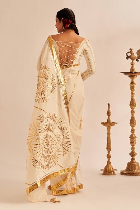 Shop Gulabo By Abu Sandeep Off White 100% Pure Chanderi Silk Gota Work Saree at Aza Fashions Shop_Gulabo By Abu Sandeep_Off White 100% Pure Chanderi Silk Gota Work Saree_at_Aza_Fashions