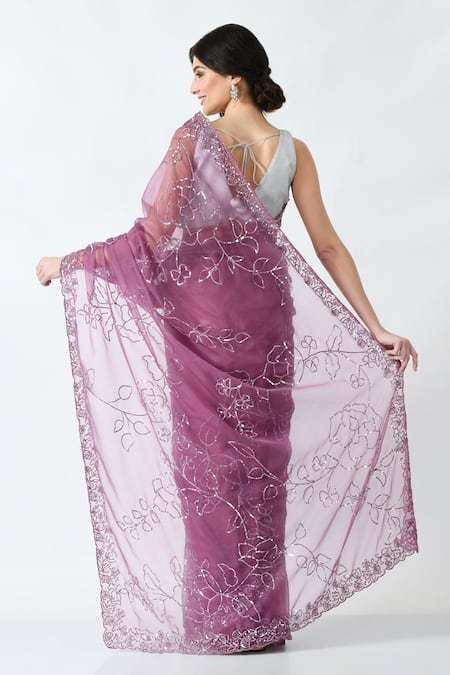 Shop Mehar Purple Organza Sequins Hand Embroidered Saree at Aza Fashions Shop_Mehar_Purple Organza Sequins Hand Embroidered Saree _at_Aza_Fashions