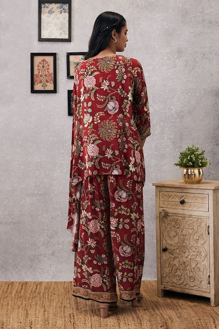 Shop Soup By Sougat Paul Red Crepe Embroidery Round Neck Mehr Floristry Print Kurta And Flared Pant Set at Aza Fashions Shop_Soup By Sougat Paul_Red Crepe Embroidery Round Neck Mehr Floristry Print Kurta And Flared Pant Set _at_Aza_Fashions