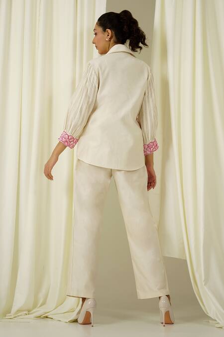 Shop Sakshi Khetterpal Ivory Chanderi Pearls, Beads, Embroidery Collared Sleeve Pant Set at Aza Fashions Shop_Sakshi Khetterpal_Ivory Chanderi Pearls, Beads, Embroidery Collared Sleeve Pant Set _at_Aza_Fashions