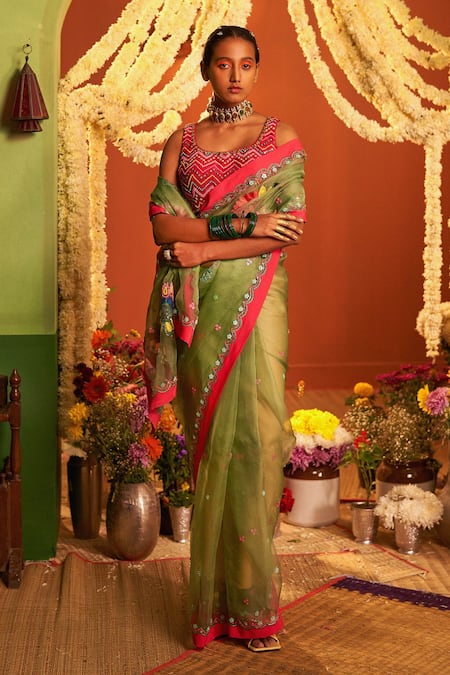 Siddhartha Bansal Silk Organza Saree With Chevron Blouse 
