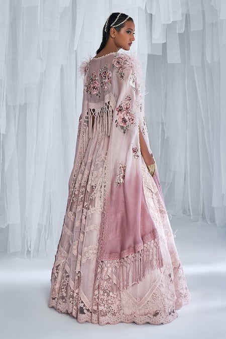 Dolly J_Pink Sweetheart Neck Floral Embroidered Cape Lehenga Set _Online_at_Aza_Fashions