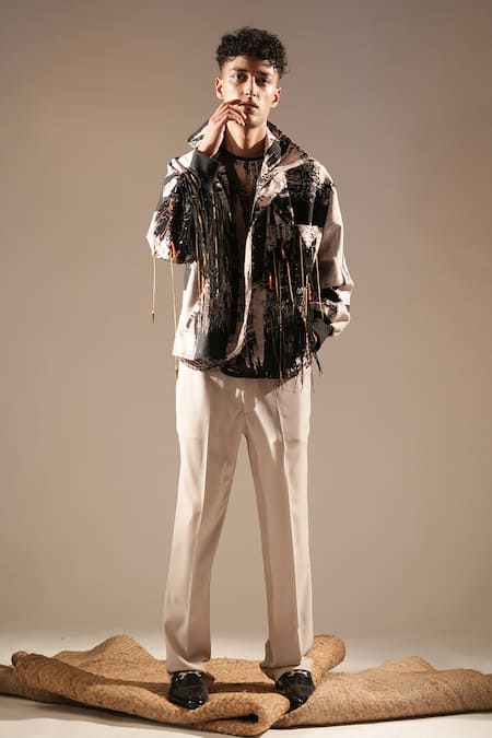 Shop_Nikita Mhaisalkar_Black Silk Fringe Brush Stroke Cosmic Print Blazer _at_Aza_Fashions