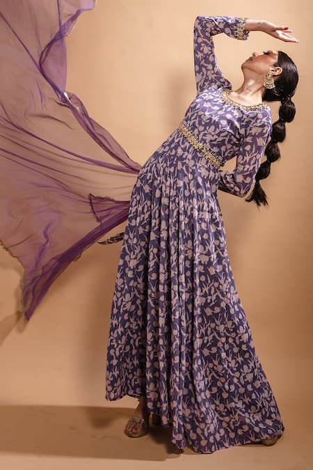 Ria Shah Label Floral Print Anarkali With Dupatta 