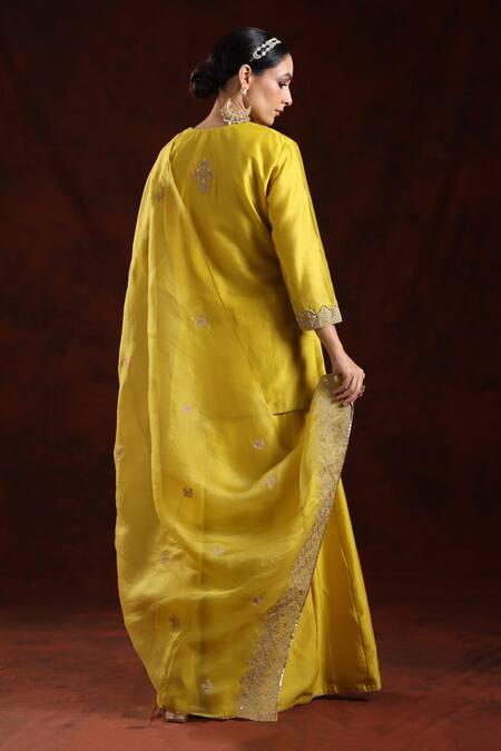 Shop_Charu Makkar_Yellow Chanderi Silk, Dupatta Organza Floral Embroidered Kurta Sharara Set_at_Aza_Fashions