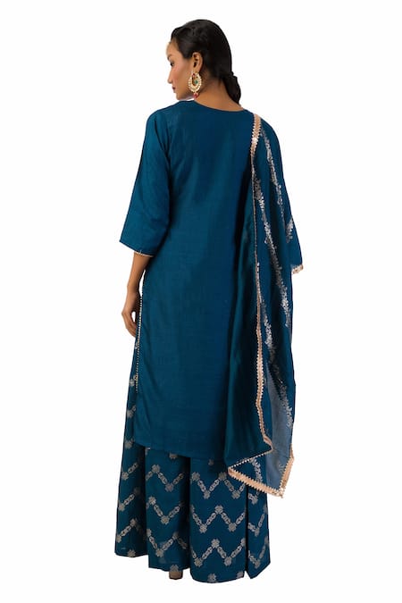 Shop Meghna Shah Blue Denim Beads, Stones V-neck V Kurta Palazzo Set at Aza Fashions Shop_Meghna Shah_Blue Denim Beads, Stones V-neck V Kurta Palazzo Set _at_Aza_Fashions