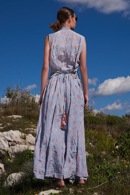 Shop Shruti Sancheti Blue Crepe Embroidery, Sequins Sweetheart Neck Floral Print Throw And Pant Set at Aza Fashions Shop_Shruti Sancheti_Blue Crepe Embroidery, Sequins Sweetheart Neck Floral Print Throw And Pant Set _at_Aza_Fashions