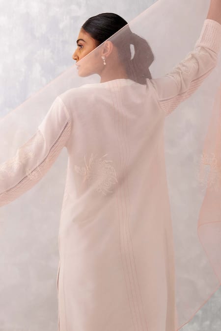 Shop Devnaagri Ivory Cotton, Organza, Embroidery Pintucked Kurta Straight Pant Set at Aza Fashions Shop_Devnaagri_Ivory Cotton, Organza, Embroidery Pintucked Kurta Straight Pant Set _at_Aza_Fashions
