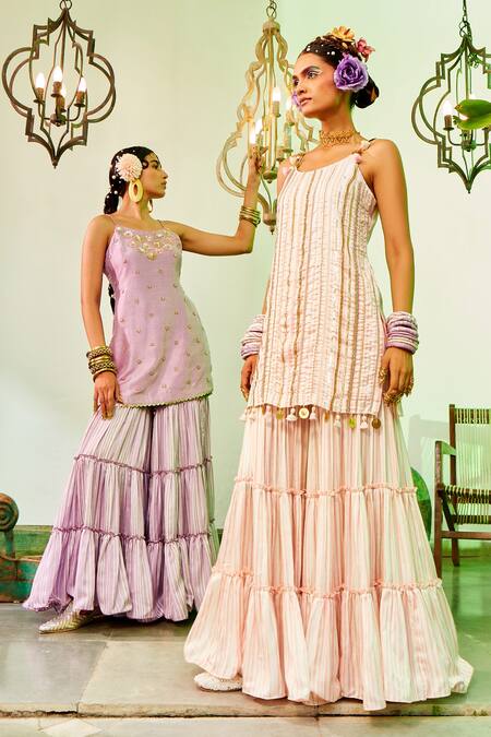 Shop_Mona And Vishu_Pink Dupion Silk, Dupatta Georgette Cut Dana, Stripe Kurta Tiered Sharara Set _at_Aza_Fashions