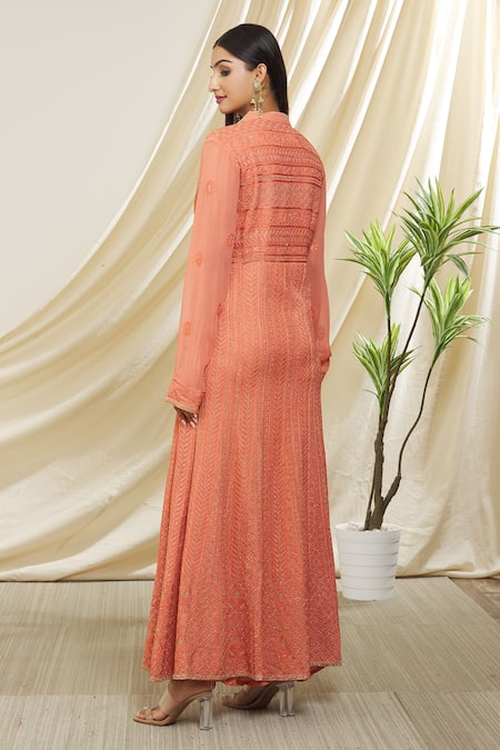 Shop Peenacolada Pink Georgette, Chiffon Embroidery Bandeau Neck Leaf Anarkali With Dupatta at Aza Fashions Shop_Peenacolada_Pink Georgette, Chiffon Embroidery Bandeau Neck Leaf Anarkali With Dupatta _at_Aza_Fashions