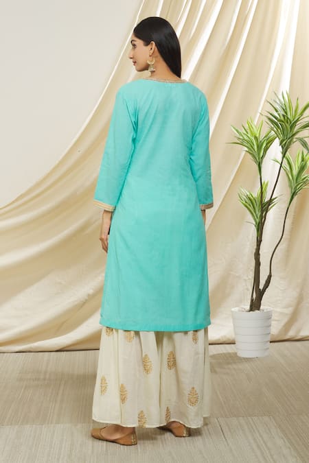 Shop Peenacolada Blue Cotton Gota Patti, Foil Printing Round Straight Kurta Printed Gharara Set at Aza Fashions Shop_Peenacolada_Blue Cotton Gota Patti, Foil Printing Round Straight Kurta Printed Gharara Set _at_Aza_Fashions