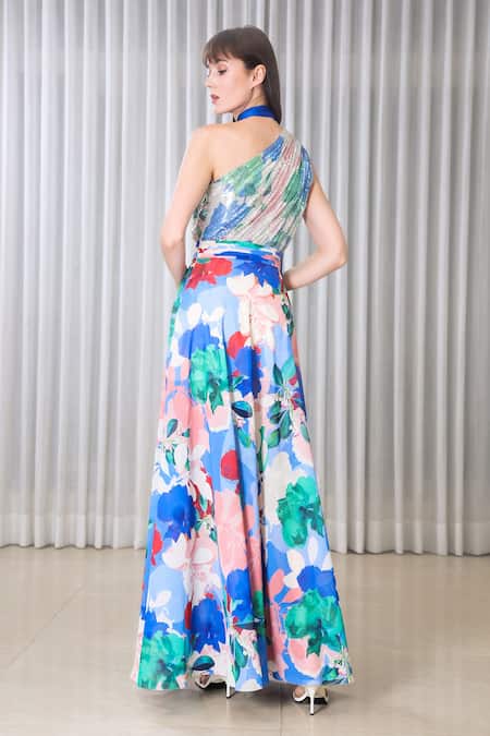 Shop Mandira Wirk Resort Blue Chiffon, Satin Sequins Halter Neck Embroidered One Shoulder Dress at Aza Fashions Shop_Mandira Wirk Resort_Blue Chiffon, Satin Sequins Halter Neck Embroidered One Shoulder Dress _at_Aza_Fashions