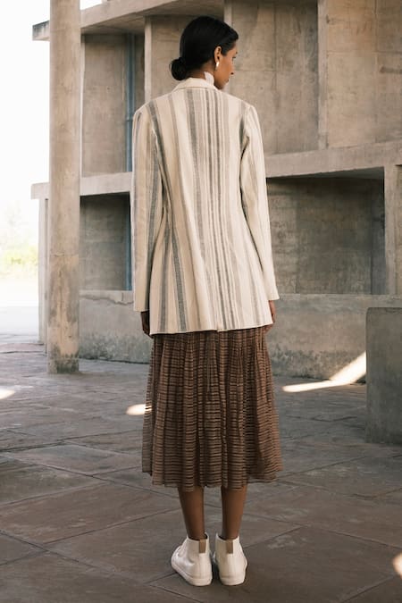 Shop Urvashi Kaur Brown Linen Embroidery Scoop Neck Scale Hand Micro Pleated Slip Dress at Aza Fashions Shop_Urvashi Kaur_Brown Linen Embroidery Scoop Neck Scale Hand Micro Pleated Slip Dress _at_Aza_Fashions