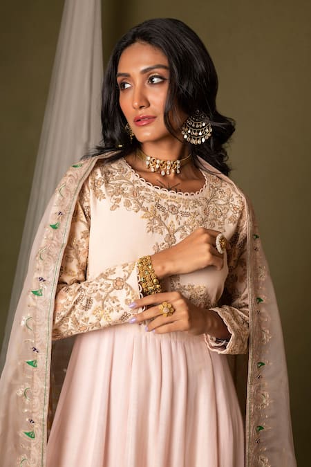 Shop Pds By Sneha Pink Tissue Embroidery Floral Round Anarkali With Dupatta at Aza Fashions Shop_Pds By Sneha_Pink Tissue Embroidery Floral Round Anarkali With Dupatta _at_Aza_Fashions