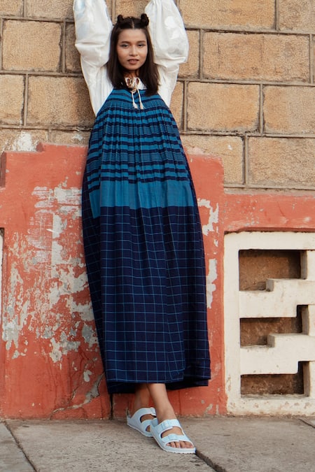 Label Earthen Blue Cotton Applique Square Neck, Keyhole Handwoven Dress And Printed Shirt Set Online at Aza Fashions Label Earthen_Blue Cotton Applique Square Neck, Keyhole Handwoven Dress And Printed Shirt Set _Online_at_Aza_Fashions